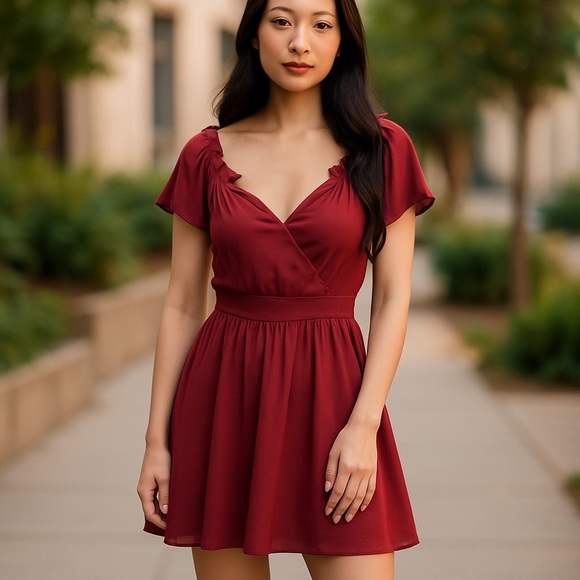 TOBI Burgundy Mini Dress Romantic Flowy - Picture 1 of 8